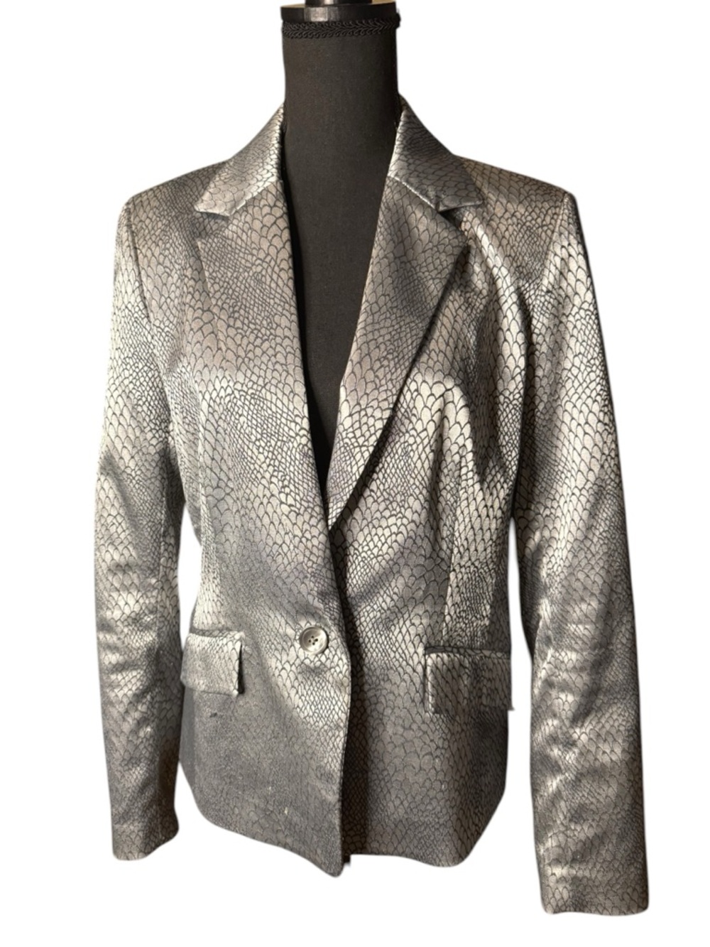 Ellen Tracy Metallic Silver Snake-Print Blazer